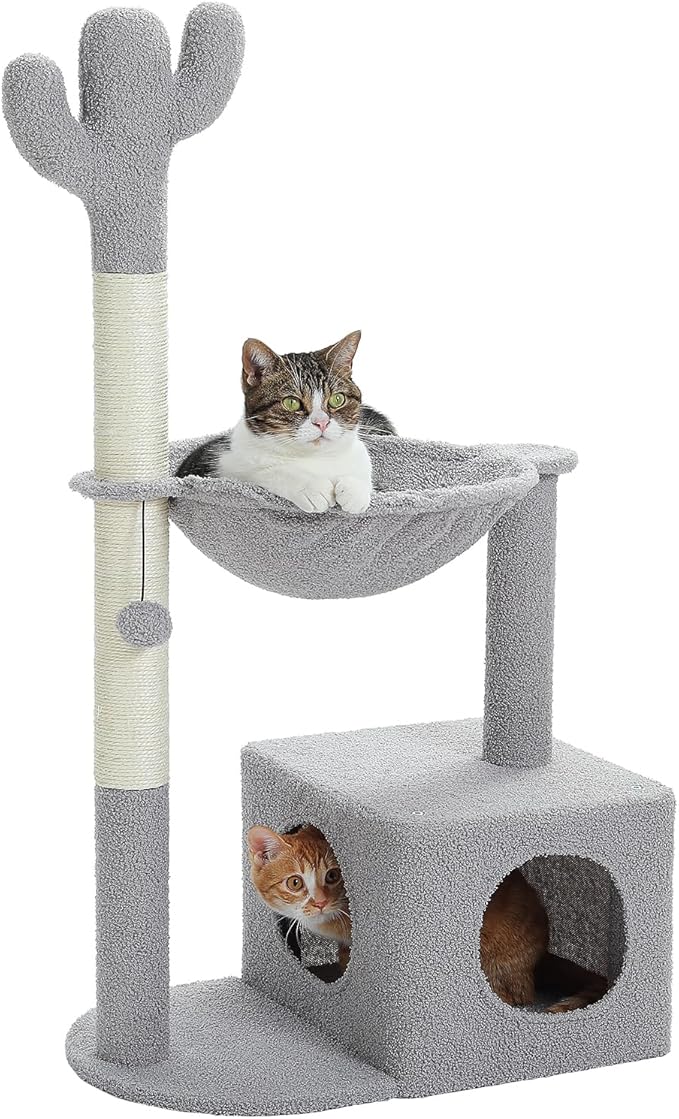Cactus Cat Tree Cat Scratching Post 40" Cat Tower with Large Metal Carpet Hammock, Cat Scratching Post for Indoor Cats with Condo& Dangling Ball, Grey-PawvioPets