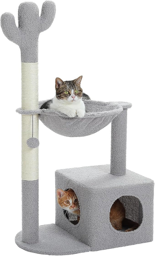 Cactus Cat Tree Cat Scratching Post 40" Cat Tower with Large Metal Carpet Hammock, Cat Scratching Post for Indoor Cats with Condo& Dangling Ball, Grey-PawvioPets