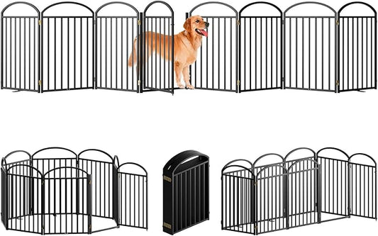 8 Panles Full Matel Freestanding Dog Gates with Door, 192"Extra Wide 32"Tall Free Standing Dog Pet Gate for Indoor & Outdoor. Foldable Pet Fences for Doorways, House, Stairs, Porch, Deck, Yard-PawvioPets