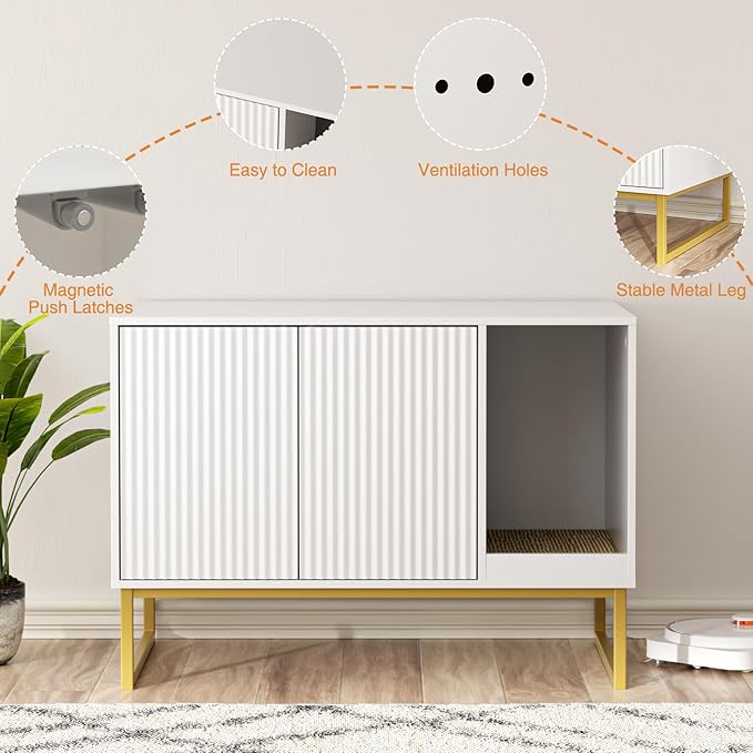 Cat Litter Box Enclosure, Fluted Hidden Litter Box Furniture with Scratch Pad and Metal Legs, Modern Enclosed Cat Cabinet, 31.5 x 17.7 x 21.7 Inches Indoor Pet House for Living Room, Washroom, White-PawvioPets