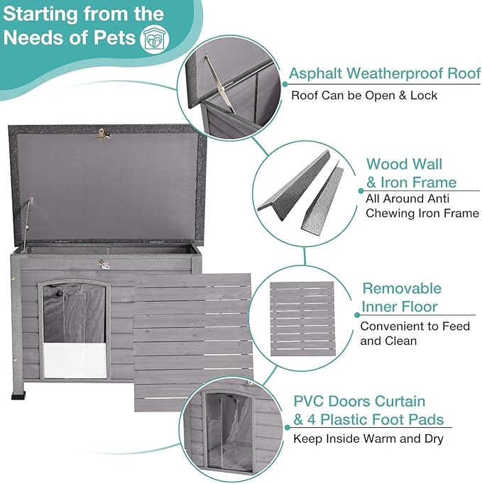 Feral Dog House Outdoor,Anti Bite Iron Frame Dog Kennel,Wood Warm Pets Home,Insulated Weatherproof Outside Shelter for Feral Animal (33.5"(L)×22"(W)×25.2"(H)-Grey-in)-PawvioPets