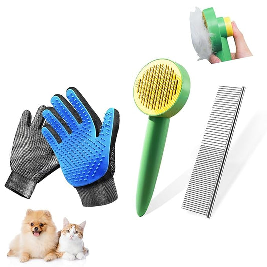 Dog & Cat Brush,Pet Grooming Kit 4PCS- Dog Brush for Shedding| A Pair Pet Hair Removal Gloves| Metal Comb for dog.Removes Undercoat, Loose Hair, Tangled, Dirt and Massages. All hair Types-PawvioPets