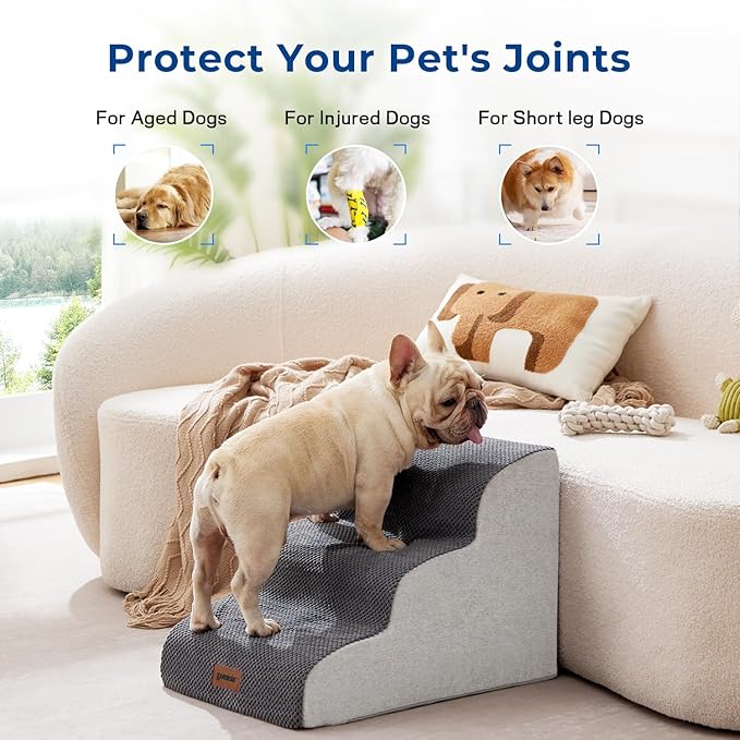 Dog Stairs for High Beds - Pet Stairs Ramp for Couch, 35D Foam Dog Steps for Small to Large Pets, with Non-Slip Bottom Beige, 5 Steps-PawvioPets