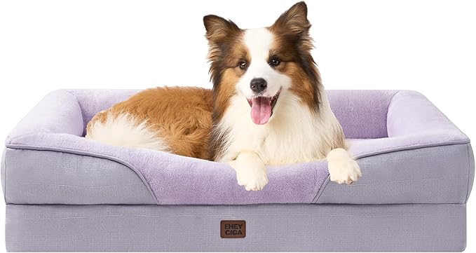 EHEYCIGA Memory Foam Dog Bed for Large Sized, Orthopedic Dog Sofa with Sides and Waterproof Liner, Washable Bolster Pet Couch with Removable Cover, 41x27x7.5 Inch, Purple-PawvioPets