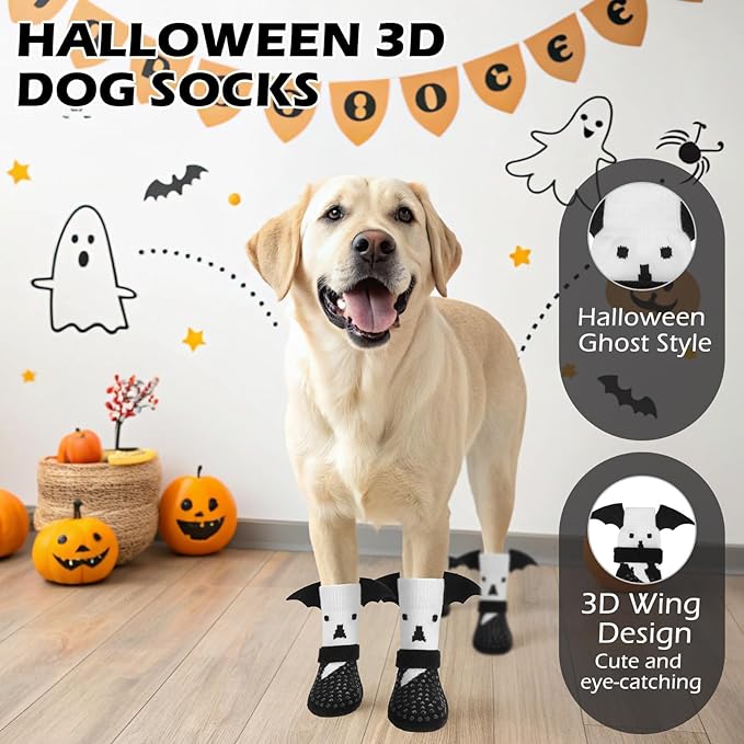EXPAWLORER Halloween Anti Slip Dog Socks to Prevent Licking Paws, Boots & Paw Protectors with Grippers,Doggie Booties for Hardwood Floors for Small Medium Large Senior Dogs Costume White Ghost Wings S-PawvioPets