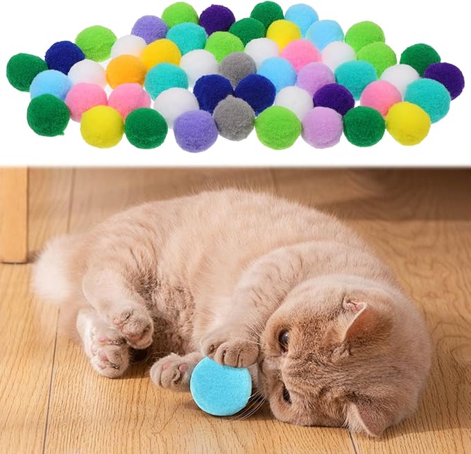 50 Picecs 1 Inch Cat Toys Balls Kitten Cat Pom Pom Balls Soft Cats Puff Ball Toys Rolling Interactive Fuzzy Cats Toy Ball Play Toy for Exercise, Creative Crafts Decorations Assorted Color-PawvioPets