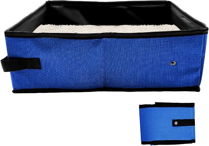 Foldable Travel Litter Box for Cats, Waterproof Portable Cat Travel Litter Box Folding, 15.75 * 11.82 * 3.94 Inches, Traveling & Camping Cat Supplies - Blue-PawvioPets