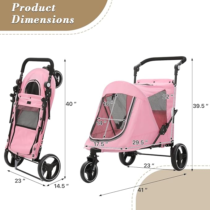 Athena Collection 3 Wheels Pet Stroller Fabric Dog Cart Dog Stroller for Large Dogs 55 Lbs Pet Stroller with Mesh Windows, Zipper Back Pocket, Safety Tether, Angle Adjustable Handlebar, Pink-PawvioPets