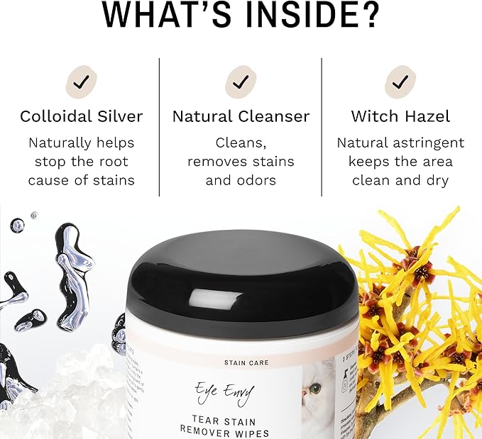 Eye Envy Tear Stain Wipes for Cats. Textured to Gently Clean, Treats The Cause of Staining. 100% Natural Formula. Recommended by Persian & Exotic Breeders, Vets, Groomers. USA Made. 60 Cat Eye Wipes-PawvioPets