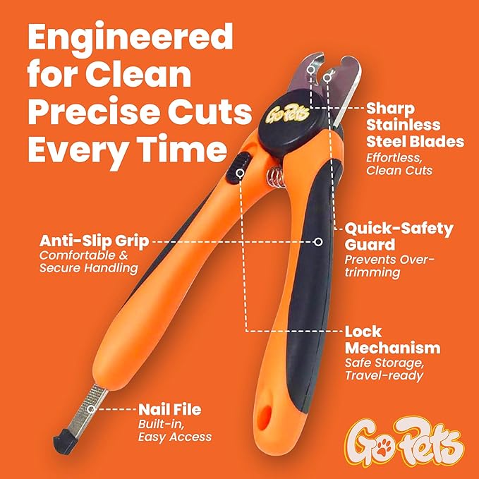 GoPets Nail Clipper for Large Sized Pets, Quick Sensor Safety Guard, Heavy Duty Trimmer for Thick Nails, Stainless Steel Blades, Grooming Tool for Dogs & Cats, Non-Slip Handle, Built-in Nail File-PawvioPets