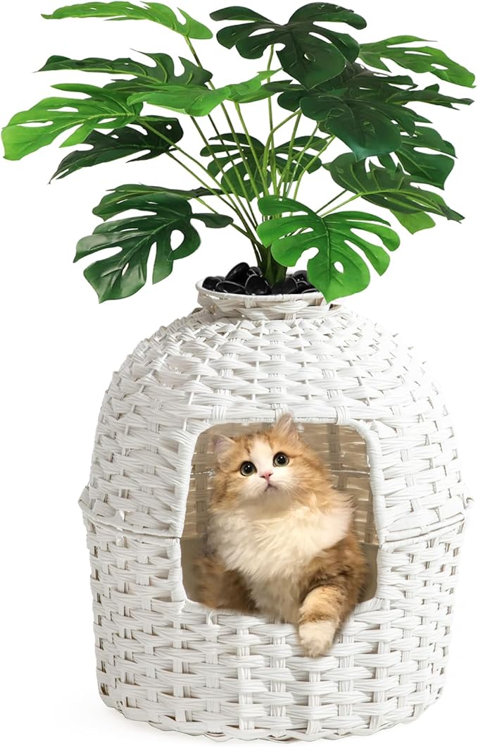 Cat Litter Box Plant Enclosure, Hidden Handwoven Rattan with Cat Litter Box Furniture and Artificial Plants, Odor Control Filter, Real Stones in Living Room, Bedroom, Corner (White)-PawvioPets