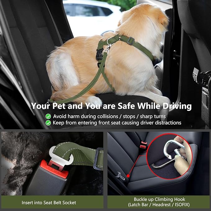 Dog Seat Belt Harness for Car, Dog Car Harness Adjustable Mesh Breathable & Dogs Seatbelt Safety Tether with Elastic Bungee for Small Medium Large Pets(Army Green, M)-PawvioPets