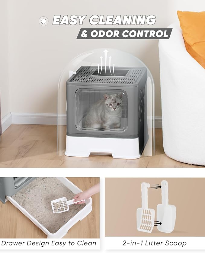 Enclosed Cat Litter Box, Large Litter Box for Big Cats, Covered Kitty Litter Boxes with Lid, Top Entry Cat Box Enclosure with Scoop, Odor Control, Easy to Clean(Grey)-PawvioPets