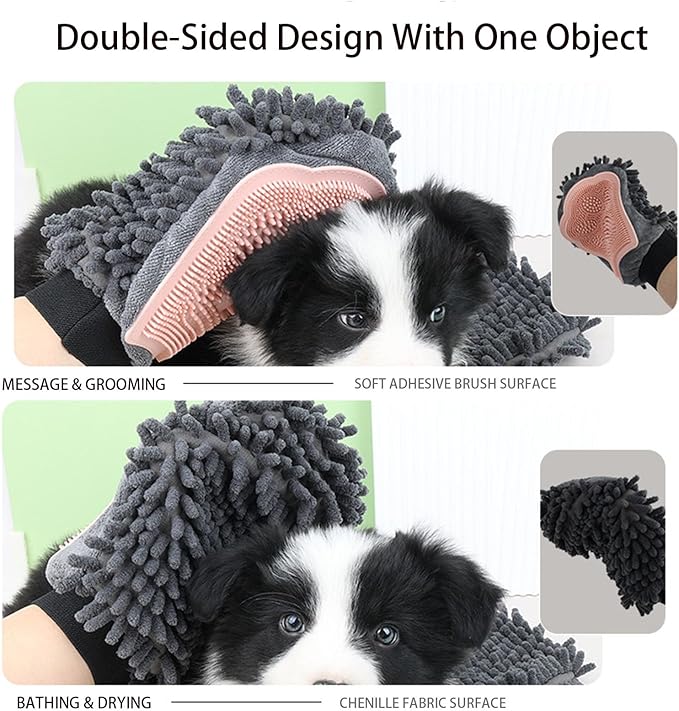 Dual Sided Pet Grooming Glove with Rubber Paw - 2-in-1 Grooming Glove | Fun Dogs & Cats Grooming Tool for Brushing, Massaging, and Scrubbing | Chenille Fabric Side Acts as Pet Bathing(Green)-PawvioPets