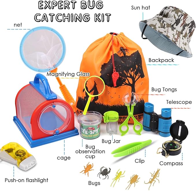 ESSENSON Outdoor Explorer Kit & Bug Catcher Kit with Binoculars, Compass, Magnifying Glass, Critter Case and Butterfly Net Great Toys Kids Gift for Boys & Girls Age 3-12 Year Old Camping Hiking-PawvioPets