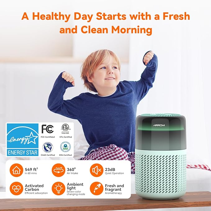 AIRROMI Air Purifier for Bedroom Home,HEPA Filter,Covers Upto 549 Ft²,Quiet 360°intake Air Cleaner with Fragrance ponge for Better Sleep,Night Light,Filters Smoke,Pet Dander,Allergies,Dust,A2005Turquo-PawvioPets
