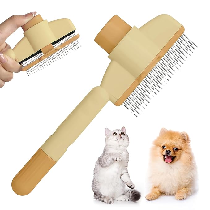 Flea Comb for Cat Hair Removal Comb, 2025 New Self-Cleaning Flea Brush for Cats and Dog, Comfort Cat Hair Removal Tool with Long & Short Stainless Steel Metal Grooming Brush(Yellow)-PawvioPets