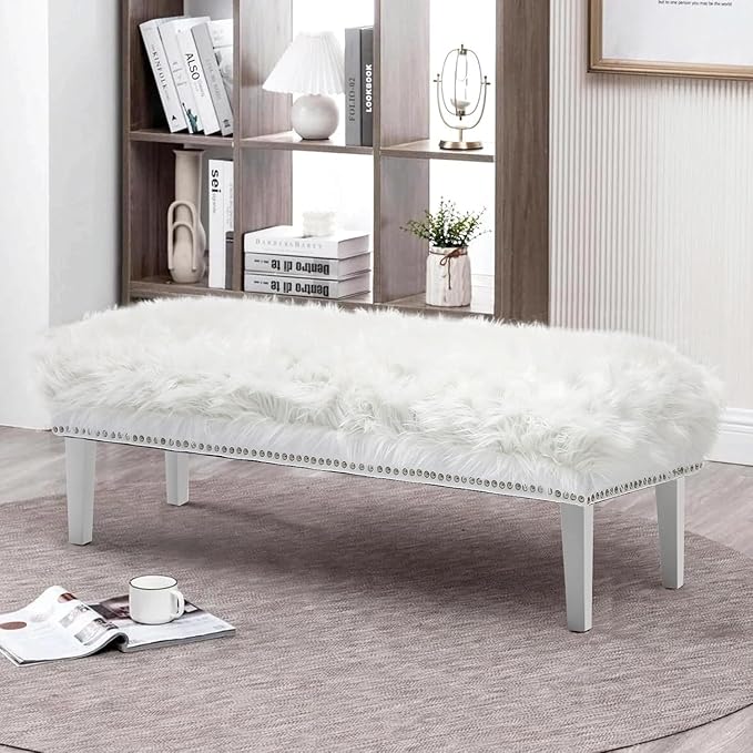 46 Inch White Bedroom Bench, Modern Multi-Purpose Bench with Wooden Legs, White Faux Fur Upholstered Bench for Bedroom, Living Room, or Entryway-PawvioPets