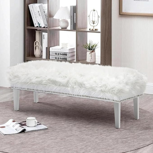 46 Inch White Bedroom Bench, Modern Multi-Purpose Bench with Wooden Legs, White Faux Fur Upholstered Bench for Bedroom, Living Room, or Entryway-PawvioPets