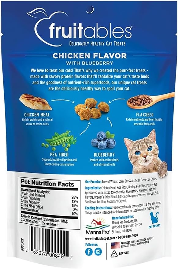 Fruitables Crunchy Low Calorie Treats Packed with Protein For Cats Healthy Free of Wheat, Corn and Soy – Made with Real Chicken with Blueberry – 2.5 Ounces-PawvioPets