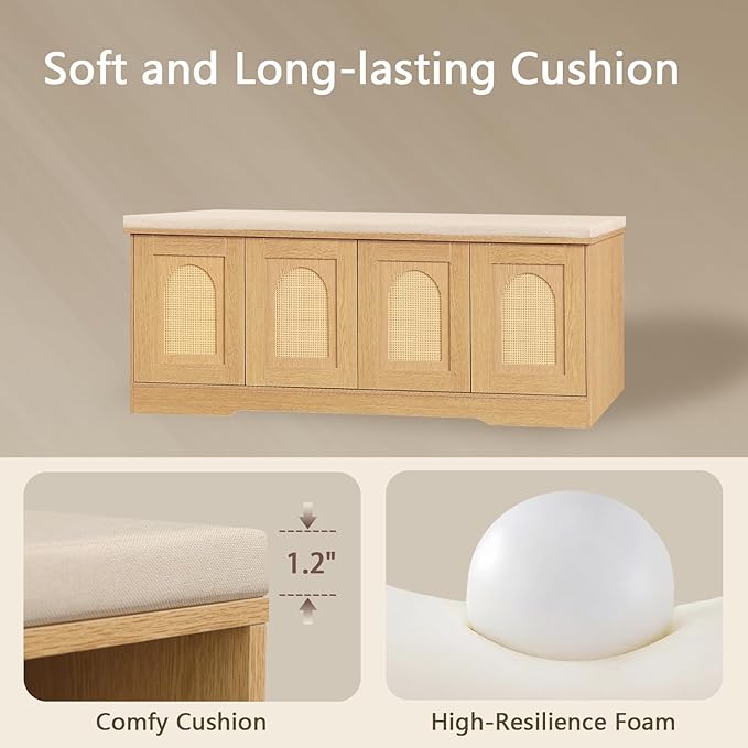 DINZI LVJ Shoe Bench, Entryway Storage Bench with Doors, Cushion, 2-Tier Shoe Rack with 8-Cubby, 47.2”L x 13.8”W Shoe Organizer Cabinet, Adjustable Shelf, Living Room, Bedroom, Natural with Rattan-PawvioPets