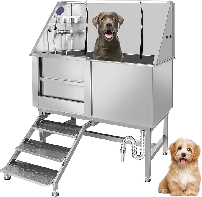 50" Dog Washing Station, Professional Stainless Steel Dog Bathing Station, Equipped/W Three Anti-Slip Steps, Removable Door, Upgraded Spray Nozzle&Hose - for Home, Pet Grooming Salon (50" Left ramp)-PawvioPets