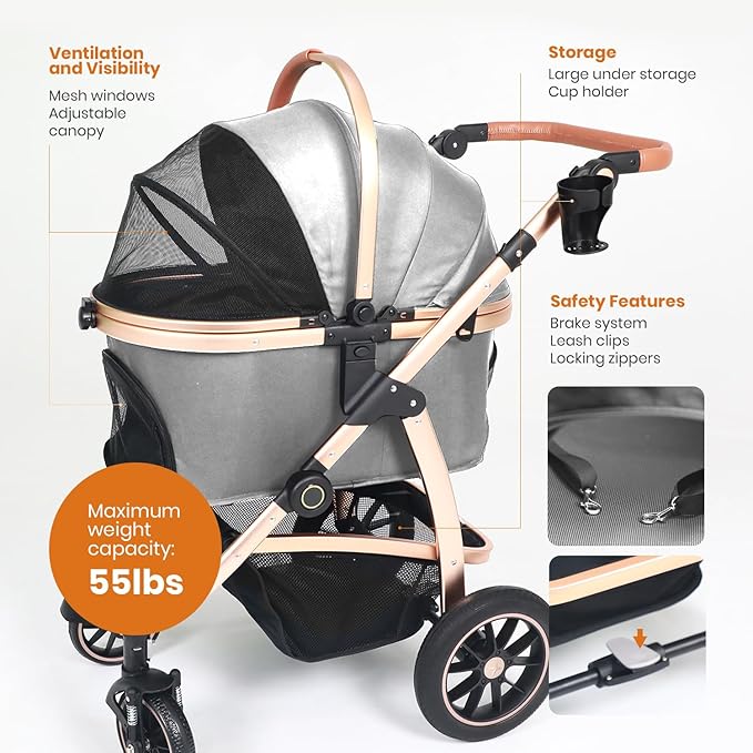3 in 1 Pet Stroller - Stroller for Small to Medium Dogs and Cats up to 55 lbs, with Detachable Carrier/Car Seat, Foldable and Lightweight, Detachable Cushion + Cup Holder (Gray)-PawvioPets