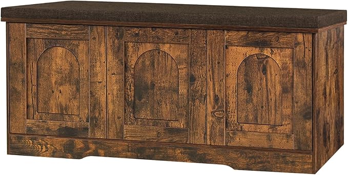 DINZI LVJ Shoe Bench, Entryway Storage Bench with Doors, Cushion, 2-Tier Shoe Rack with 6-Cubby, 39.4”L x 13.8”W Shoe Organizer Cabinet, Adjustable Shelf, Living Room, Bedroom, Rustic Brown-PawvioPets