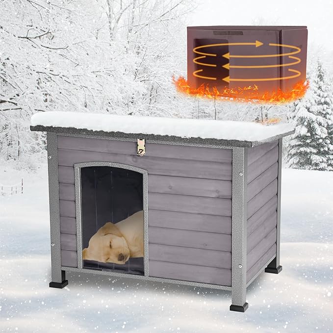 Feral Dog House Outdoor,Anti Bite Iron Frame Dog Kennel,Wood Warm Pets Home,Insulated Weatherproof Outside Shelter for Feral Animal (33.5"(L)×22"(W)×25.2"(H)-Grey-in)-PawvioPets
