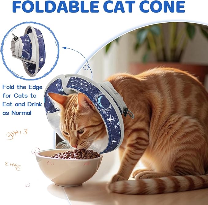 Breathable Air Mesh Cat Cone Collar Soft to Stop Licking, Adjustable, Foldable Lightweight Kitten Cones After Surgery Recovery for Cats & Kittens (Star Blue, M)-PawvioPets