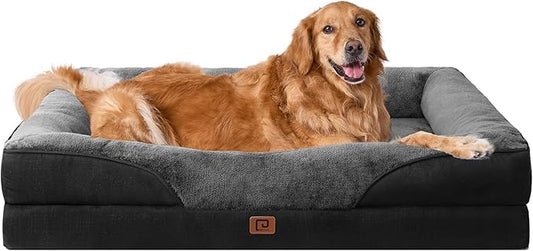 EHEYCIGA Memory Foam XL Dog Bed for XLarge Sized, Extra Large Orthopedic Dog Sofa with Sides and Waterproof Liner, Washable Bolster Pet Bed Couch with Removable Cover, 42x30x7.5 Inch, Grey/Black-PawvioPets