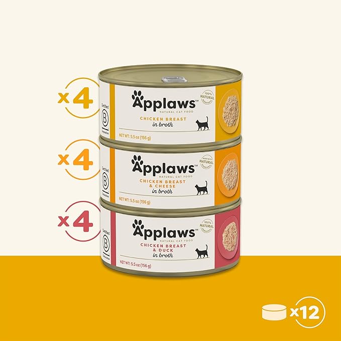 Applaws Natural Wet Cat Food in Broth, Made with Limited and Natural Ingredients, Chicken Selection Variety Pack in Broth (12 x 5.5oz Cans)-PawvioPets