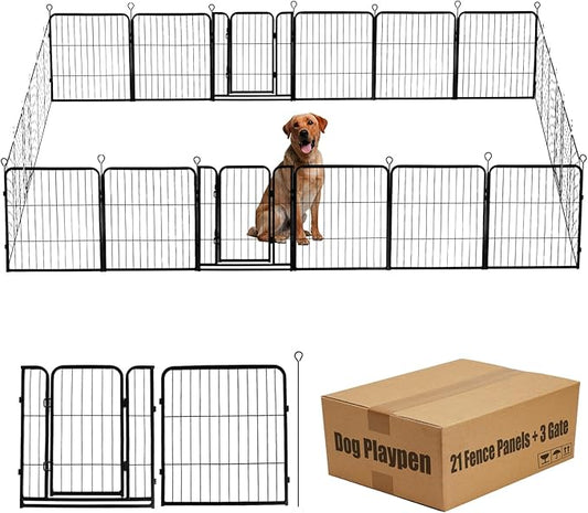 Dog Playpen,24 32 40 48 in(H) Pet Fence Outdoor for Rv Camping,Garden Fence Small Animal Barrie for Yard,11Ft(L)-56Ft(L) Black Metal Temporary Fencing-PawvioPets