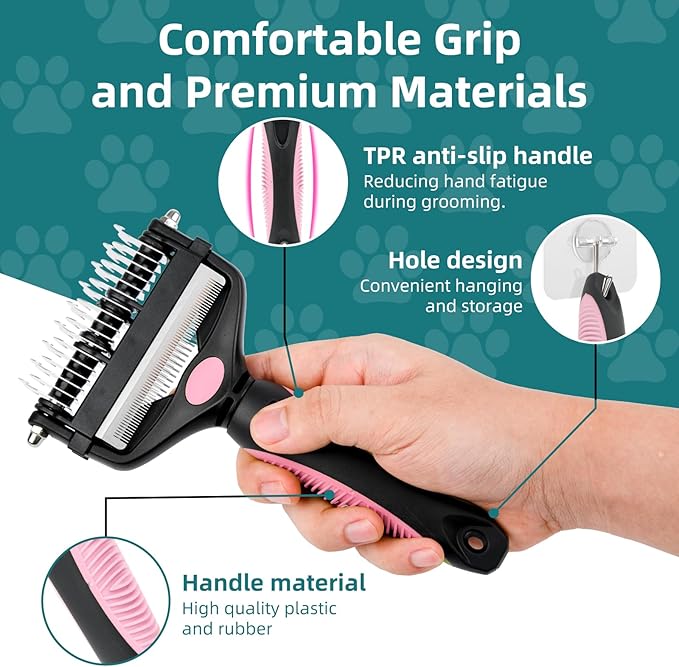 3-IN-1 Pet Grooming Tool - Undercoat Rake, Dematting Comb & Deshedding Brush for Cats & Dogs - Removes Mats, Tangles & Loose Fur, Reduces Shedding & Prevents Hair Mess (Pink)-PawvioPets
