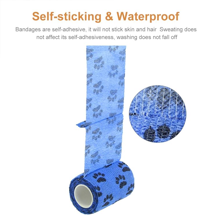 AUPCON Vet Wrap Cohesive Bandages Bulk Self Adhesive Bandage Wrap Self Adherent Wrap Non-Woven for Dogs Pet Animals & Ankle Sprains & Swelling (3 Inch Blue Claw)-PawvioPets