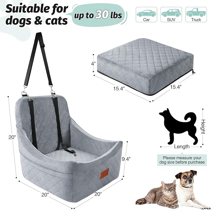 Dog Car Seat for Medium Dogs Up to 35lbs,Fully Detachable and Washable,Easy to Install with Adjustable Straps,Anti-Slip Bottom Travel Car Bed for Pets,Two Side Pockets(Grey,Medium)-PawvioPets