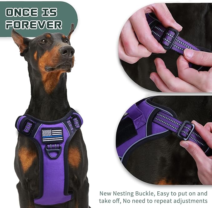 BUMBIN Tactical Dog Harness for Large Dogs No Pull, Famous TIK Tok No Pull Puppy Harness, Fit Smart Reflective Pet Walking Harness for Training, Adjustable Dog Vest Harness with Handle Purple L-PawvioPets