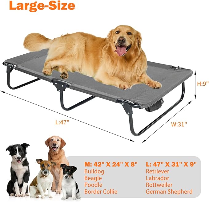 Dog Elevated Bed Foldable Portable Raised Bed Camping cot Outdoor Summer Dog Bed (Large, Grey-Textilene)-PawvioPets
