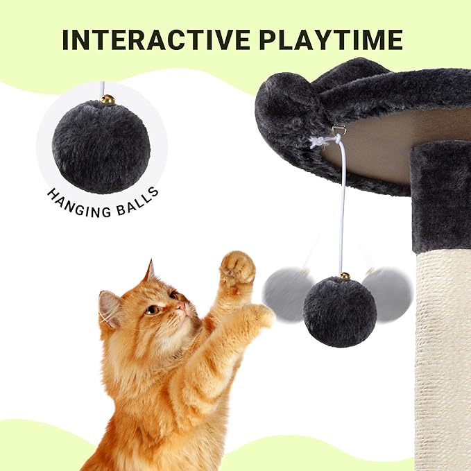 Allewie 64 Inches Cat Tree Tower/Multi-Level Activity Center for Indoor Big Felines/2 Plush Condos/2 Perchs/Basket/House/Sisal Scratching Posts/Hanging Cat Toys/Dark Grey-PawvioPets