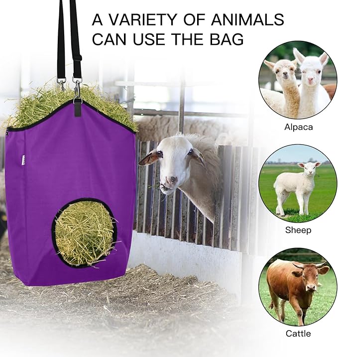 3 Packs Goat Hay Feeder,Hay Bags for Goats,Horses,Sheep,Premium 600D Oxford Cloth,with Metal Fastener and Adjustable Open Feed Hole for Slow Feeding. (2Purple + 1Black)-PawvioPets