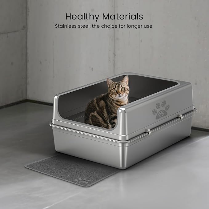 Enclosed Stainless Steel Cat Litter Box with Lid, Oversize Metal Litter Box for Multi Cats, Extra XXL Cat Toilet with High Side, Non-Stick, Anti-Leakage, Odorless, with Cat Litter Mat & Litter Scoop-PawvioPets