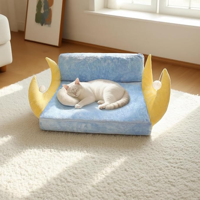 Cat Couch with Soft Pillow, Supportive Dog Couch, Cat Sofa with Removable Cover，Cute Moon Shaped, 24 Inch-PawvioPets