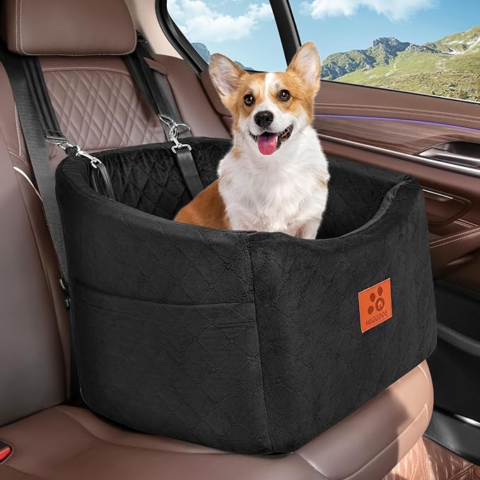 Dog Car Seat for Small Medium Dogs, Memory Foam Booster Car Seat for Dogs up to 35 lbs, Elevated Pet Car Seat, Travel Safety Bed with Washable Removable Cover and Storage Pockets(Black)-PawvioPets