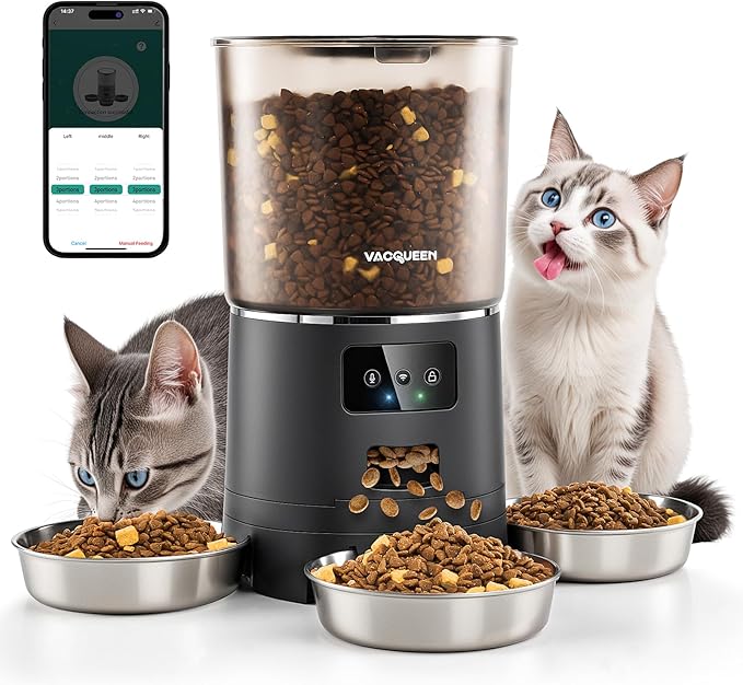 Automatic Cat Feeder for 3 Cats, 6L/25 Cups Smart WiFi Pet Feeder, Strong Anti-Jam System, Dual-Effect Desiccant Cat Food Dispenser, with 10S Voice Recorder for Cats and Small Dog(Black)-PawvioPets