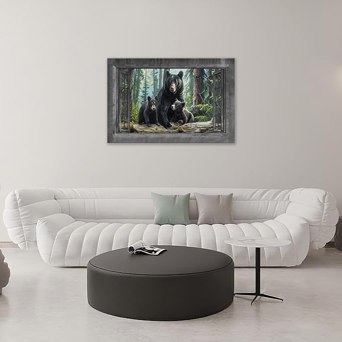 Black Bear Wall Art Forest Window Canvas Cabin Living Room Pictures Prints Animal Wall Decor Painting Artwork for Bedroom Dining Office Home 24"x16"-PawvioPets