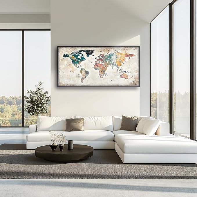 Extra Large Framed World Map Wall Art,Oversized Colorful Vintage Nautical Map Wall Decor Pictures for Living Room,Canvas Print Painting Modern Artwork Office Bedroom Home Decor 60L x30W-PawvioPets