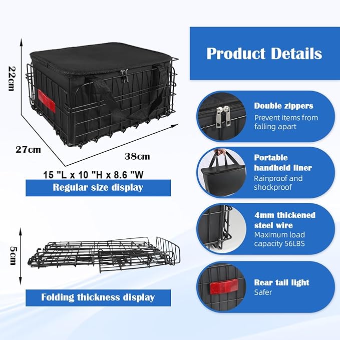 Bike Basket Rear, Folding Bicycle Basket with Removable Waterproof Liner Bag, Rear Bike Cargo Rack, Bike Accessories Frame Basket for Adult Women Men Carrying Dogs,Pet,Grocery,Quick Release Design-PawvioPets