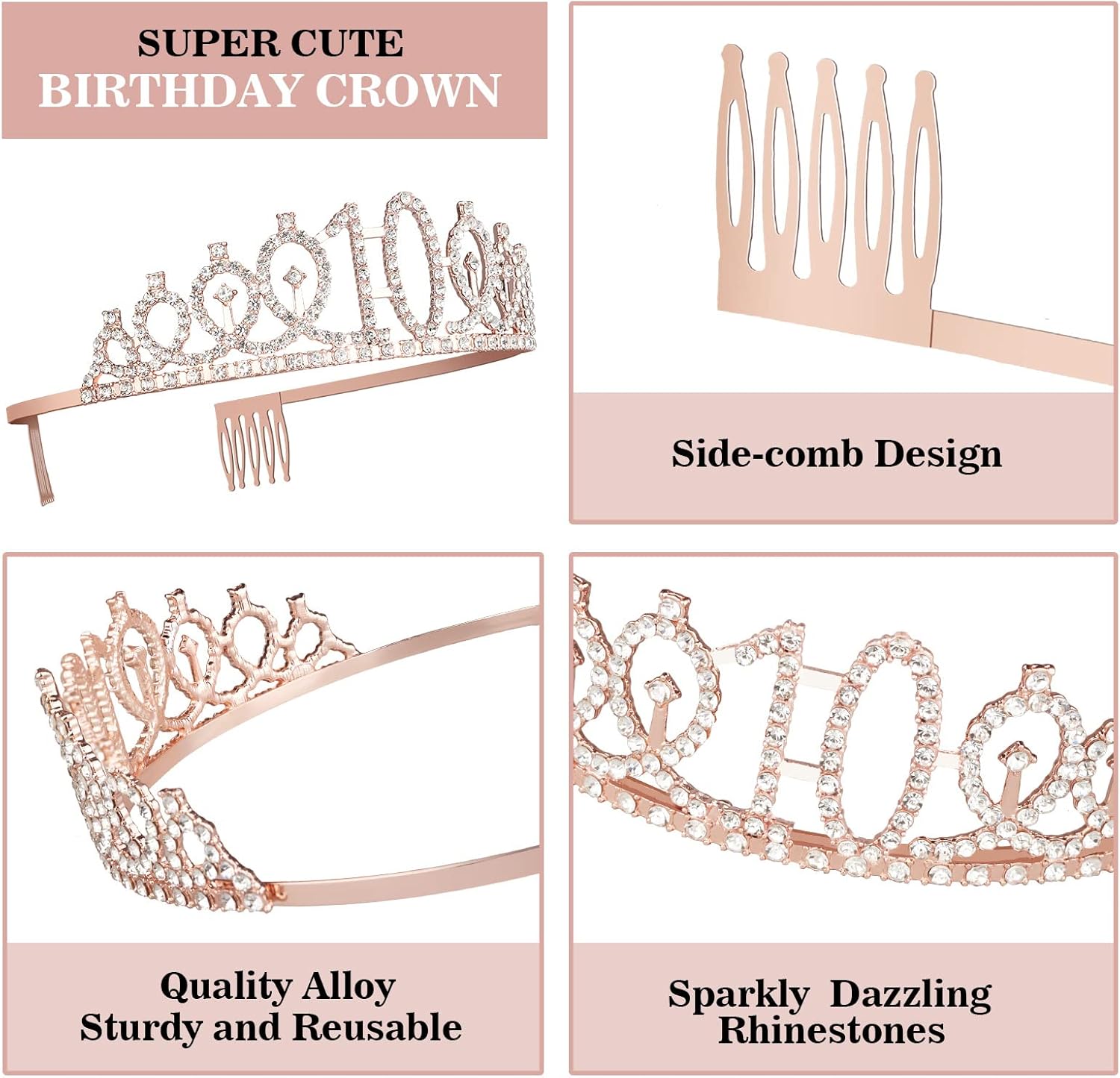 10th Birthday Decorations for Girls, Including Sash, Crown/Tiara, Candles, Cake Topper. 10th Birthday Gifts for Girls, Rose Gold Party Decor Supplies
