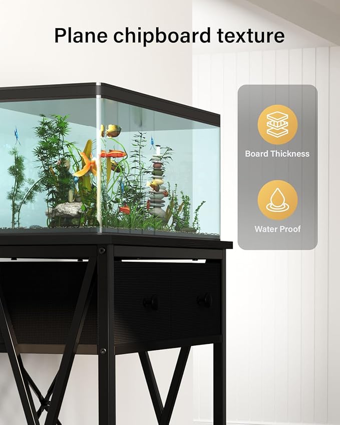 Fish Tank Stand for 5-10 Gallon Fish Tank: Aquarium Stand with Power Outlet - Metal 10 Gallon Tank Stand with Cabinet Drawer Storage for Turtle Tank, Reptile Terrarium (Black, 220LBS Capacity)-PawvioPets