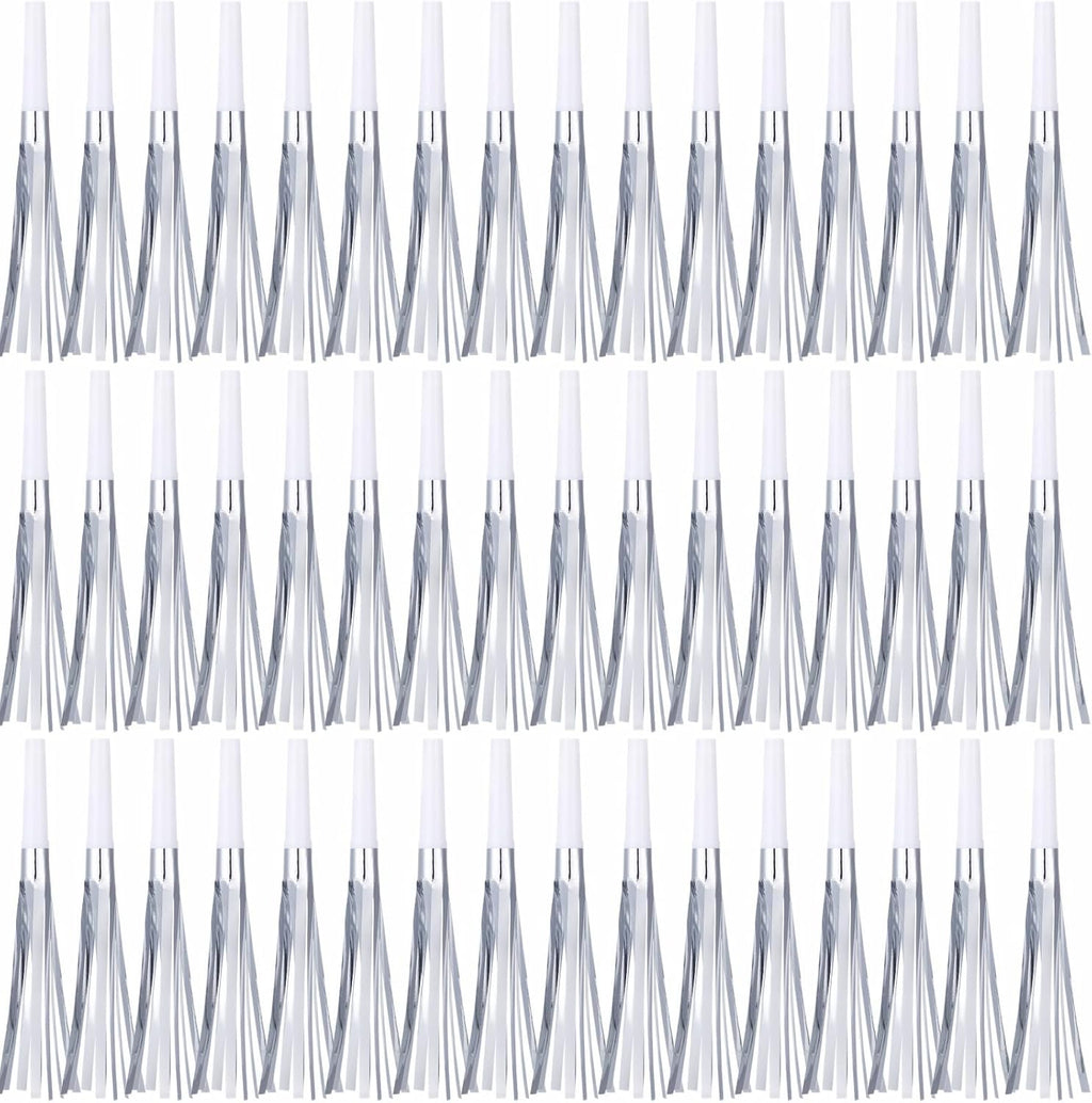 48 Pcs Silver Noise Makers Glitter Metallic Fringed Noise Makers Horns for Baby Shower, Kids Birthday, New Year Party Favor - Silver